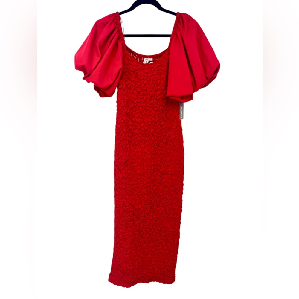 Anthropologie Dolan Red Puff Sleeve Pebble Smocked Ruched Midi Dress Size XS - Picture 4 of 12